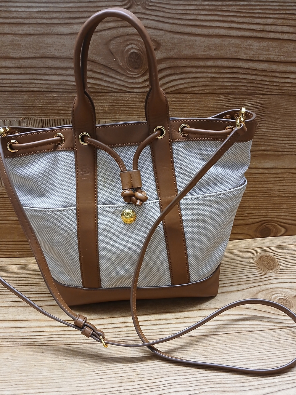 Veronica Beard Cream Canvas Tote with Brown Leather Trim